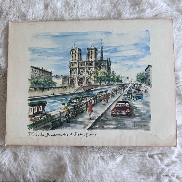 2 Vintage Peter Arno Paris Watercolors signed MCM 1960s Notre Dame Eiffel Tower - Picture 5 of 7